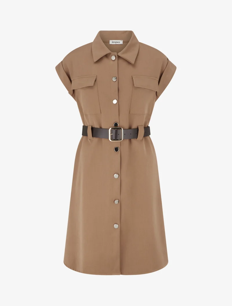 A-Linien-Hemdkleid mit kurzen Ärmeln - Beige