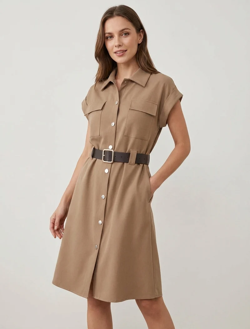 A-Linien-Hemdkleid mit kurzen Ärmeln - Beige