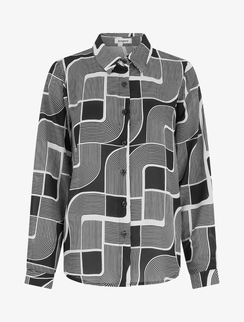 Transparente fließende Bluse mit grafischem Druck - Schwarz