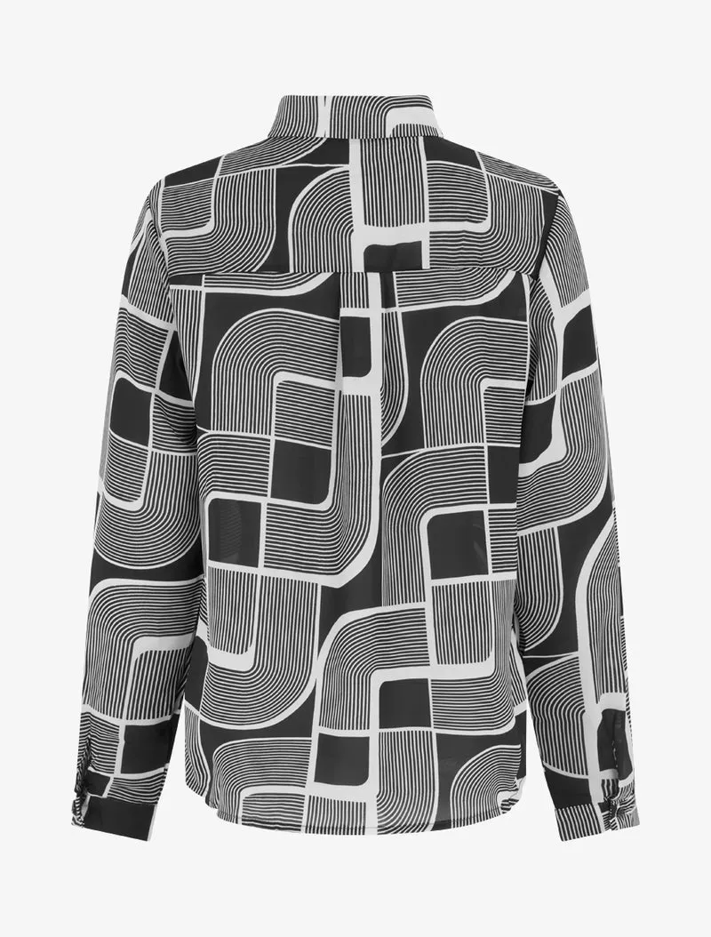 Transparente fließende Bluse mit grafischem Druck - Schwarz