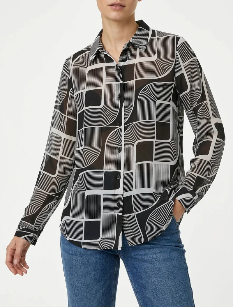 Transparente fließende Bluse mit grafischem Druck - Schwarz