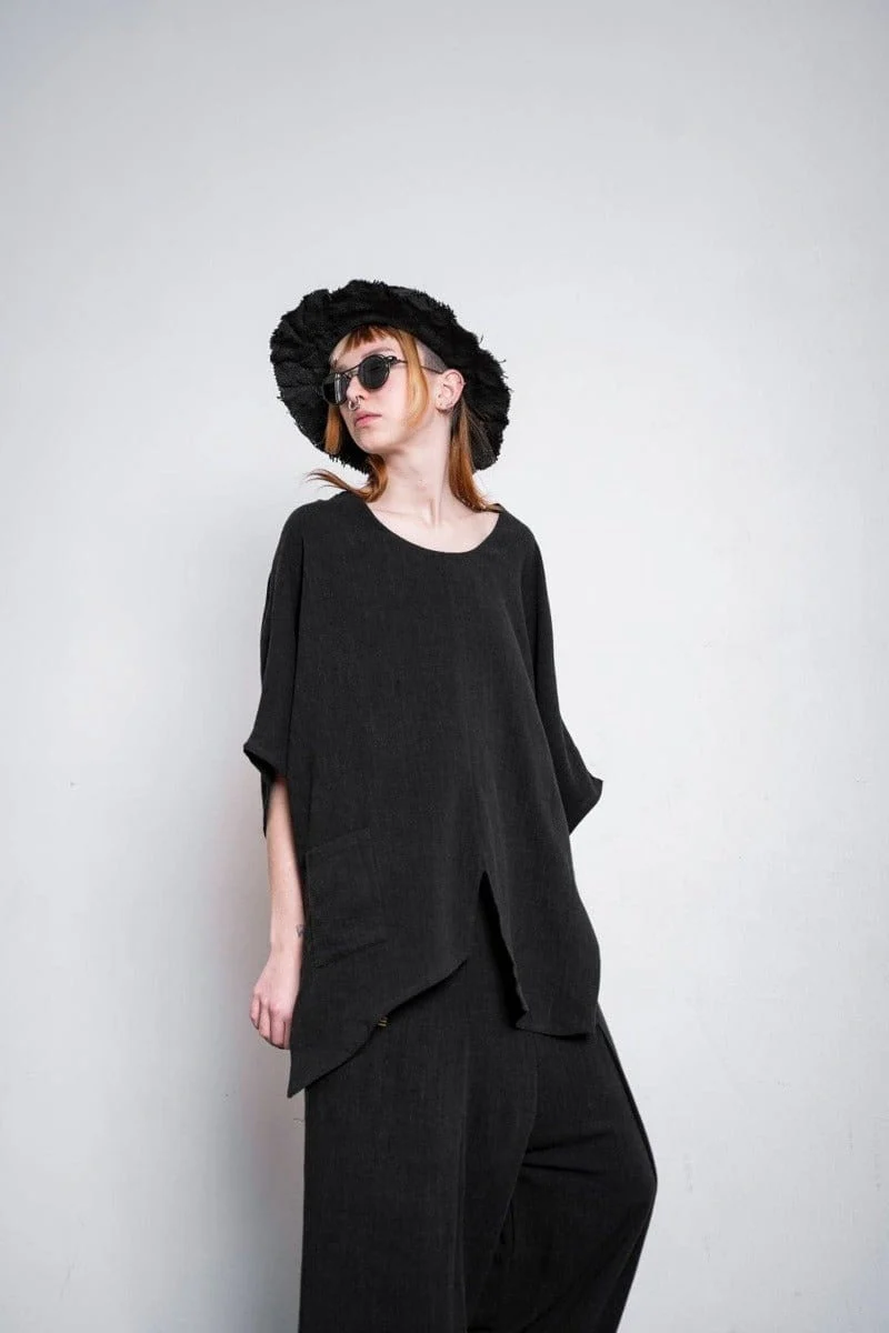 eigensinnig wien | Zizek | Schwarzes Oversize Leinen Longshirt für Damen und Herren