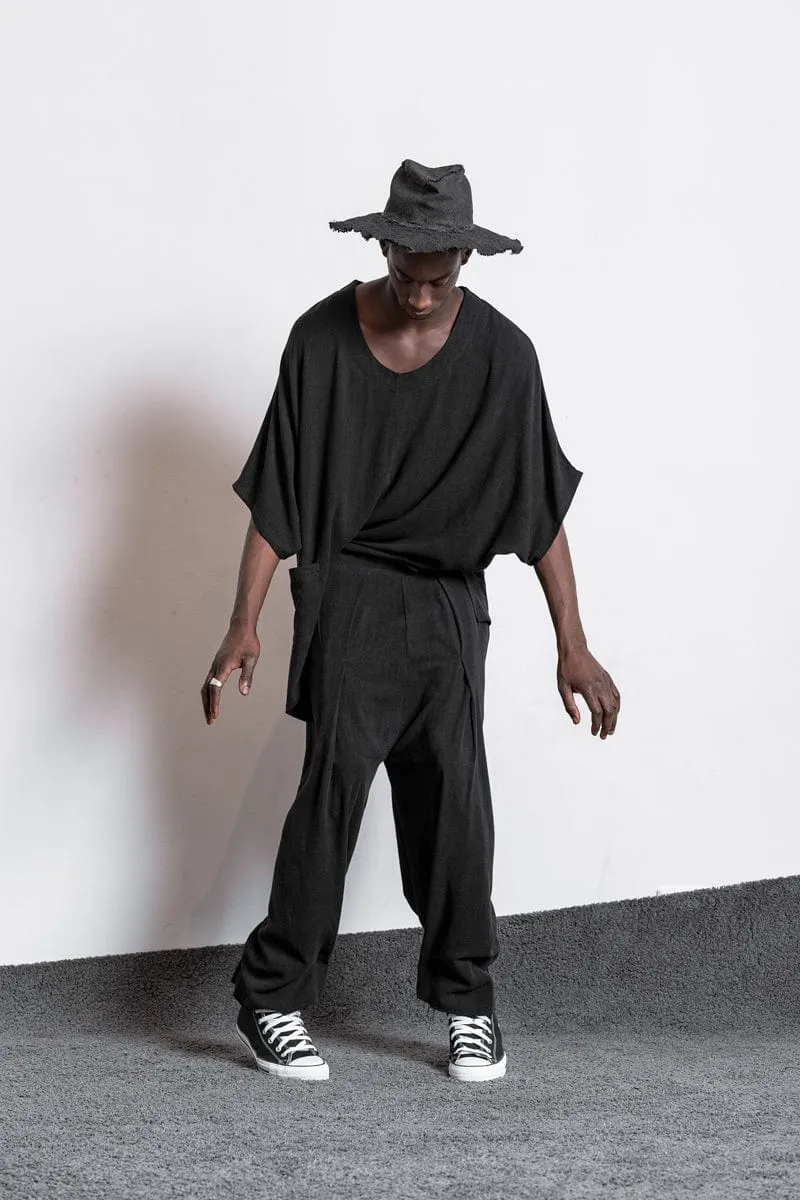 eigensinnig wien | Zephyr | Extravagante Designer Leinenhose mit weitem Bein in Schwarz
