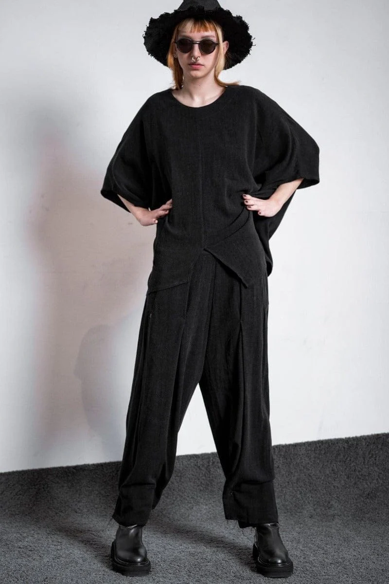 eigensinnig wien | Zephyr | Extravagante Designer Leinenhose mit weitem Bein in Schwarz