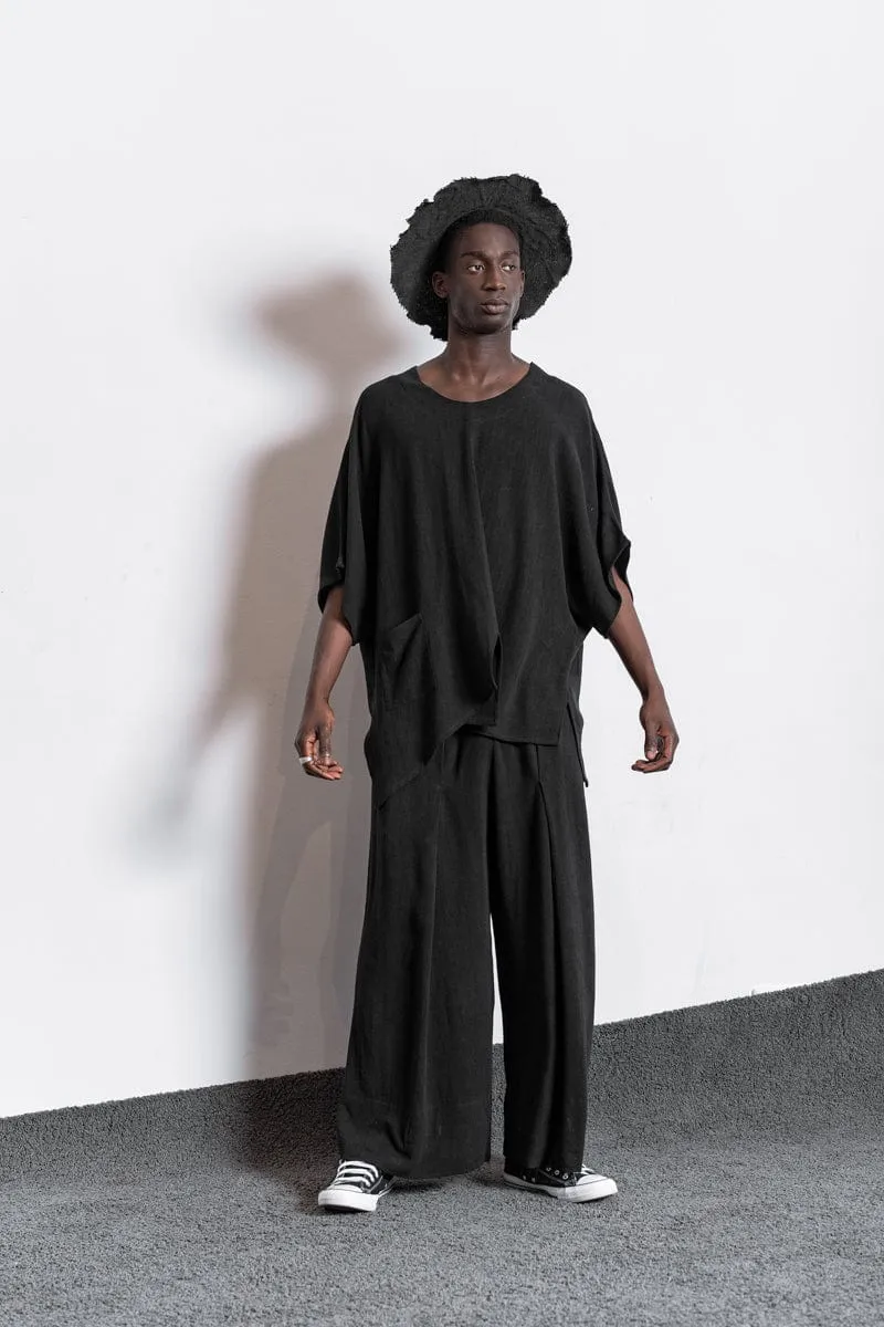 eigensinnig wien | Zephyr | Extravagante Designer Leinenhose mit weitem Bein in Schwarz