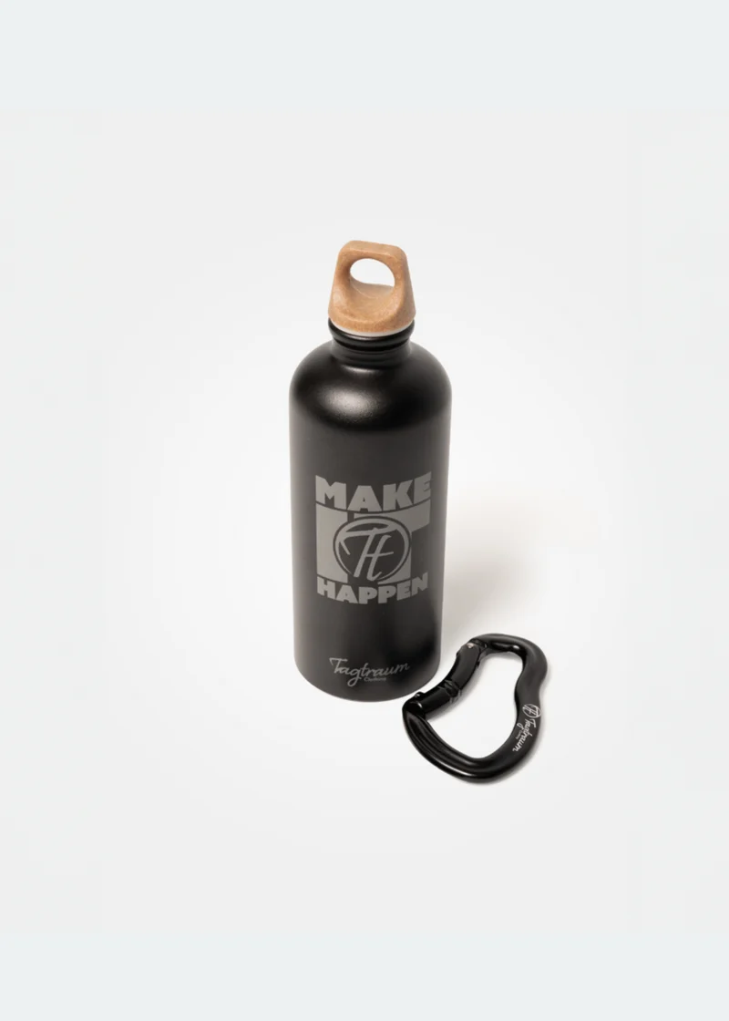 Schwarze Trinkflasche mit Karabiner von Tagtraum Clothing