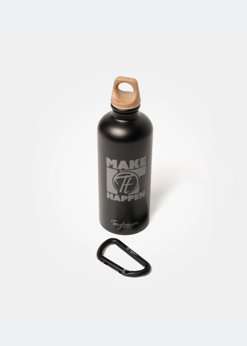 Schwarze Trinkflasche mit Karabiner von Tagtraum Clothing