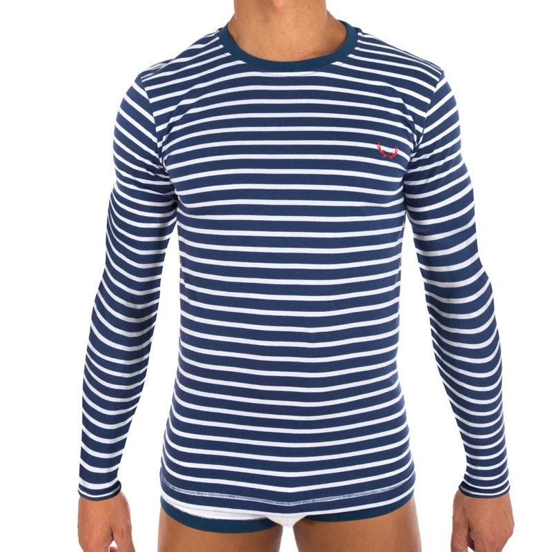 Blau-weiss gestreiftes, langärmliges T-shirt aus Bio-Baumwolle von Bluebuck