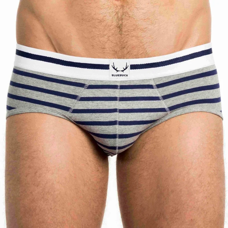 Grauer Slip für Herren aus Bio-Baumwolle – marineblaue Streifen von Bluebuck