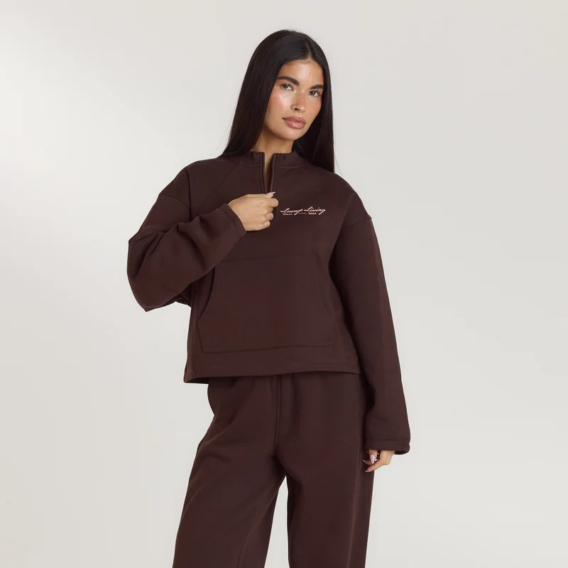 Lounge Living Pullover mit Viertel-Zip - Schokolade