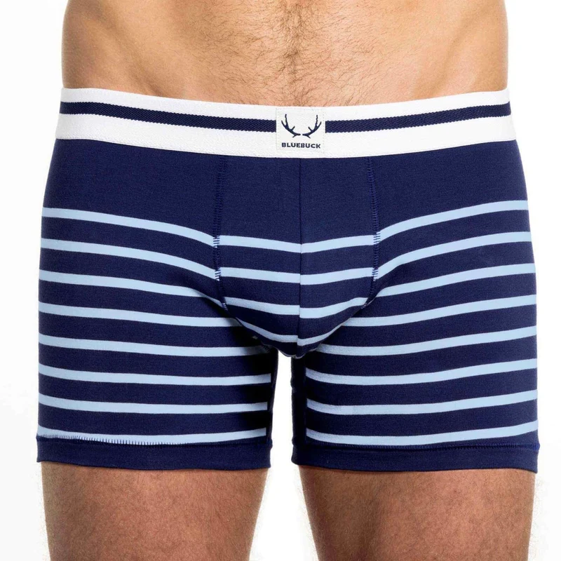 Blaue, gestreifte, lange Boxershorts aus Bio-Baumwolle von Bluebuck