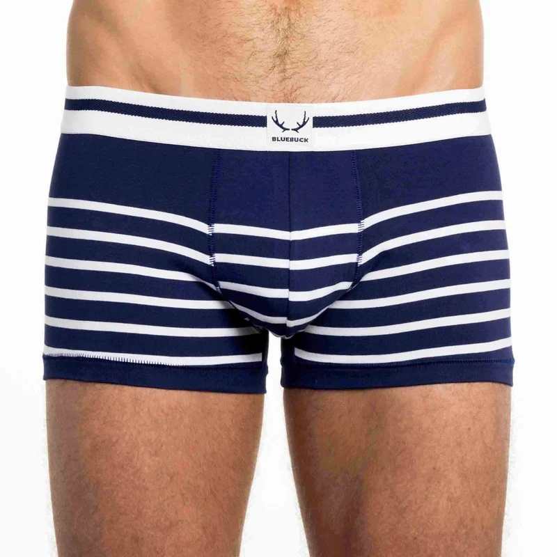 Boxer homme bleu marine en coton bio - rayures blanches