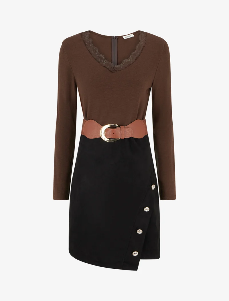 Zweifarbiges gerades Kleid - Braun