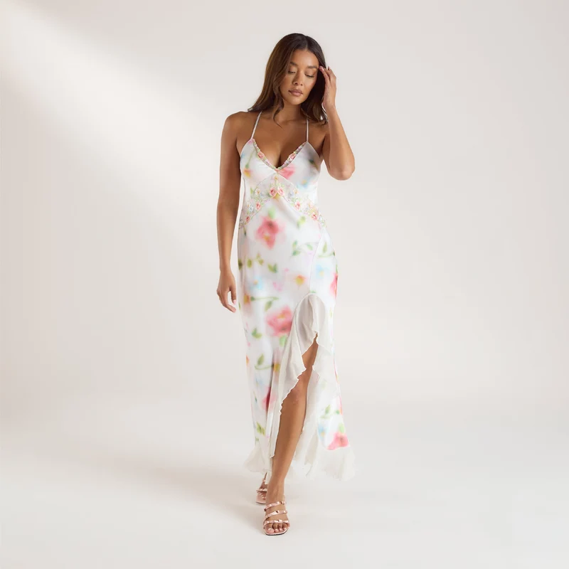 Aurora Maxikleid aus bedrucktem Satin - Florales Muster