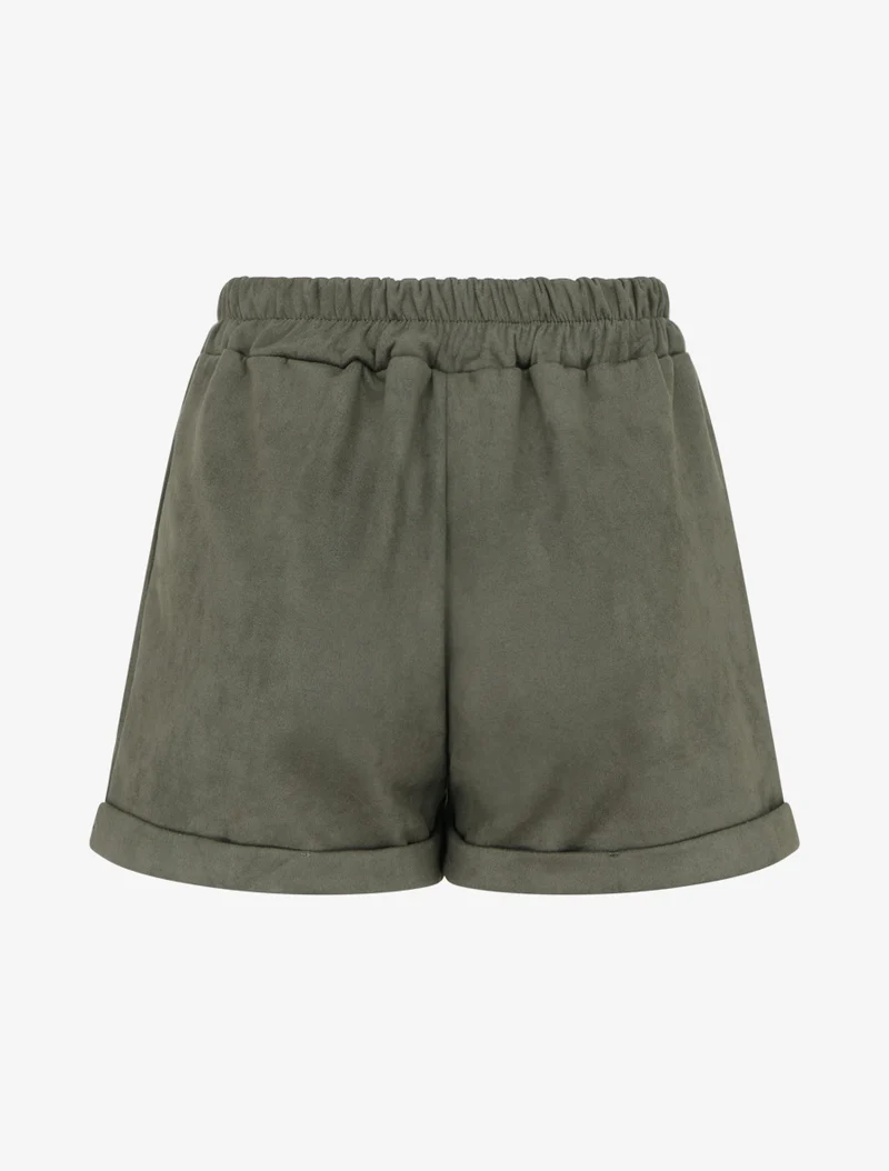 Kurze Paperbag-Shorts aus Wildlederimitat - Kaki