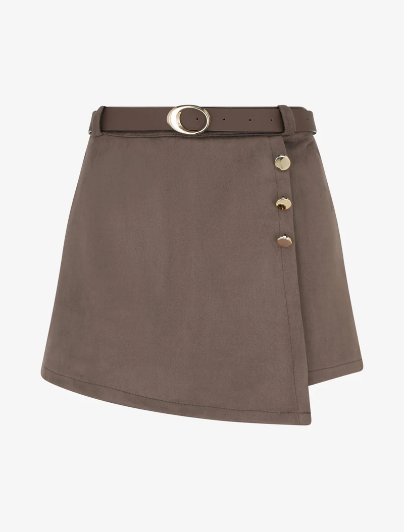 Wildleder-Shortsrock mit dekorativen Knöpfen - Braun