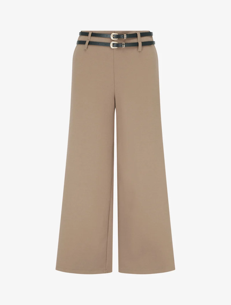 Weite Hose mit hoher Taille und doppeltem Gürtel - Kamel