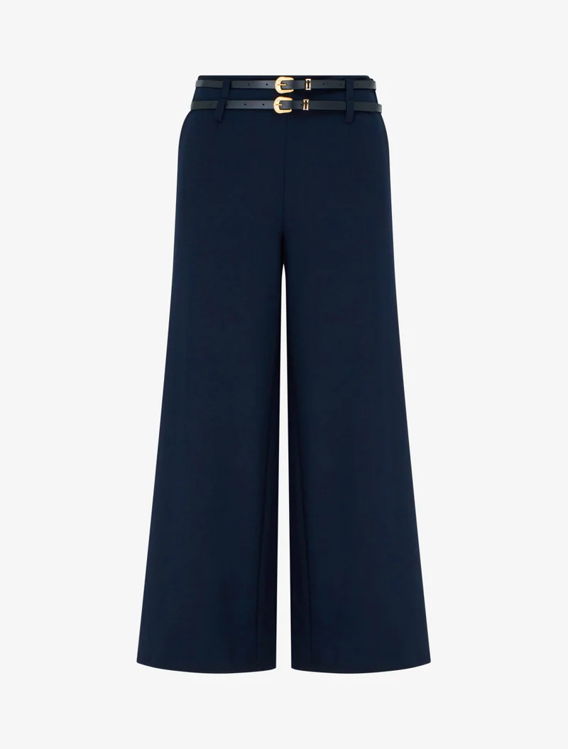 Weite Hose mit hoher Taille und doppeltem Gürtel - Marine
