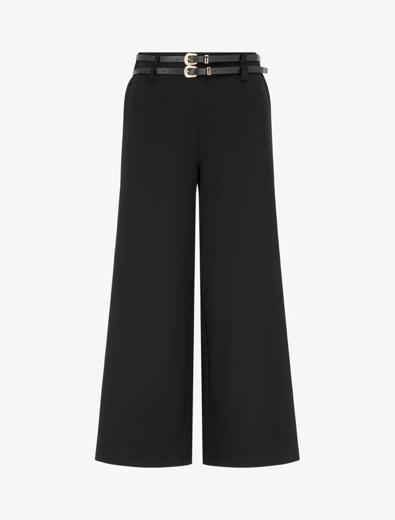 Weite Hose mit hoher Taille und doppeltem Gürtel - Schwarz