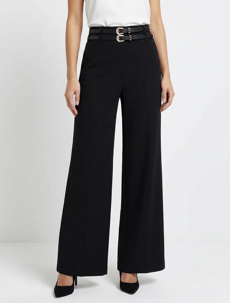 Weite Hose mit hoher Taille und doppeltem Gürtel - Schwarz
