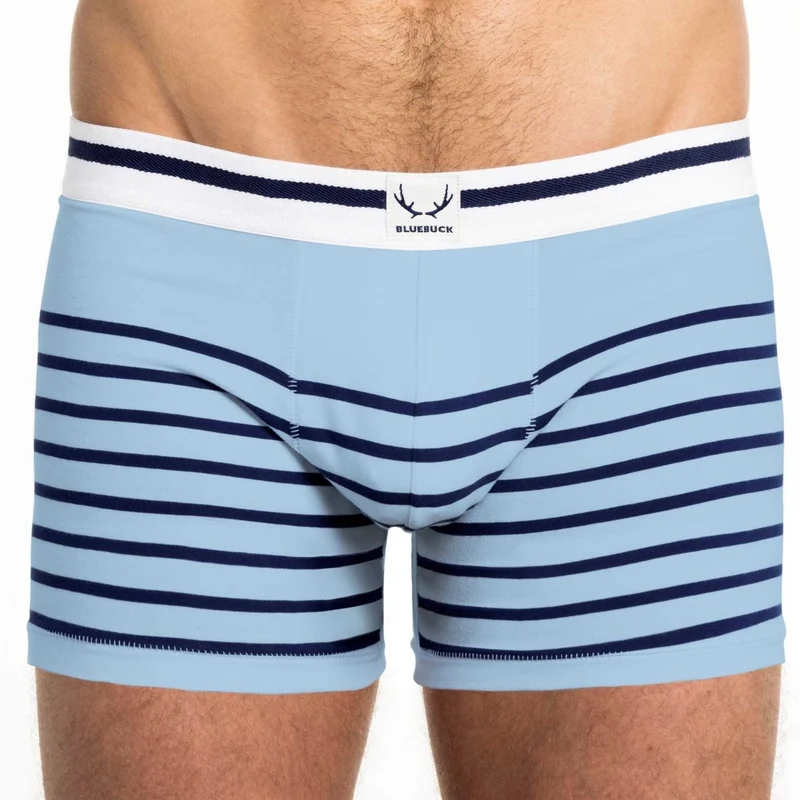 Blau-schwarz gestreifte, lange Boxershorts aus Bio-Baumwolle von Bluebuck