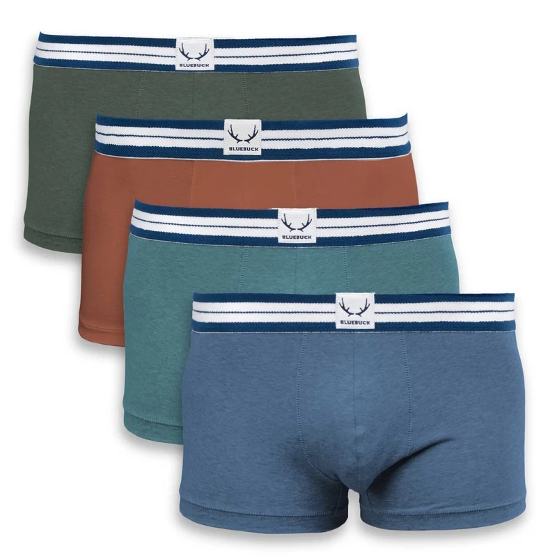 4 boxers homme vert fonce, brique, vert ocean, bleu lune en coton bio