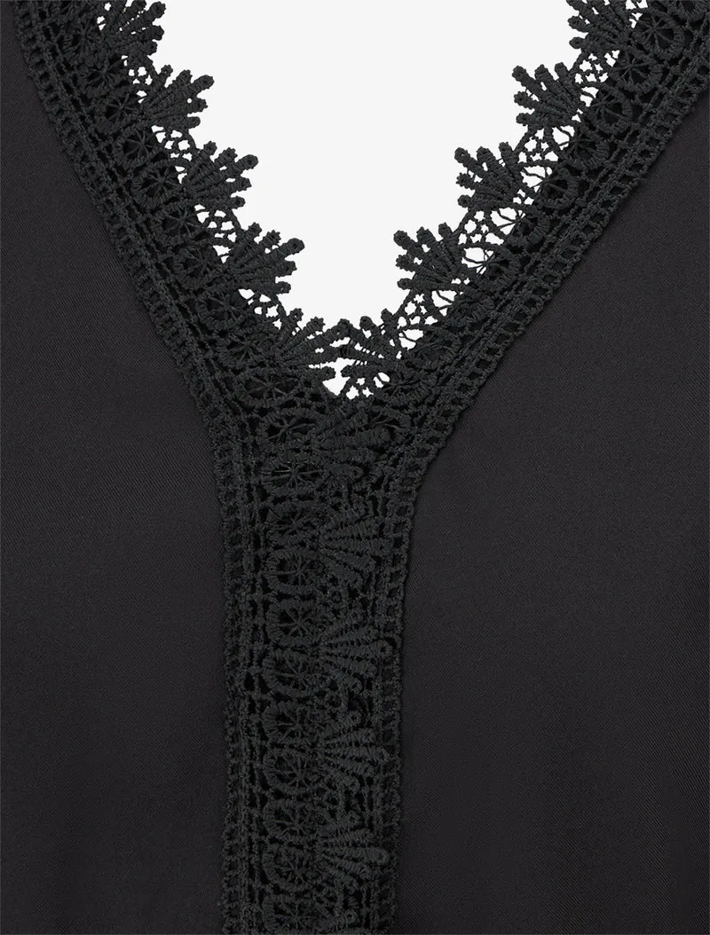 Ausgestelltes einfarbiges Kleid mit langen Ärmeln und Spitze - Schwarz