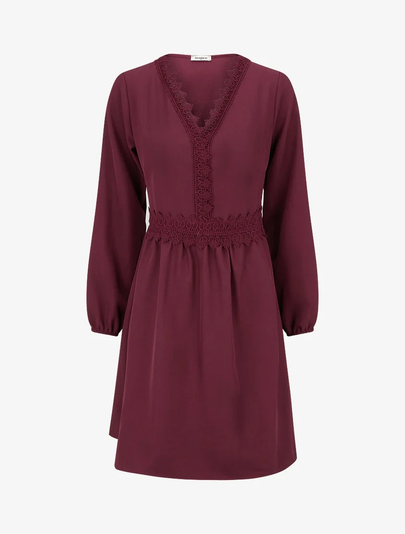 Ausgestelltes einfarbiges Kleid mit langen Ärmeln und Spitze - Weinrot