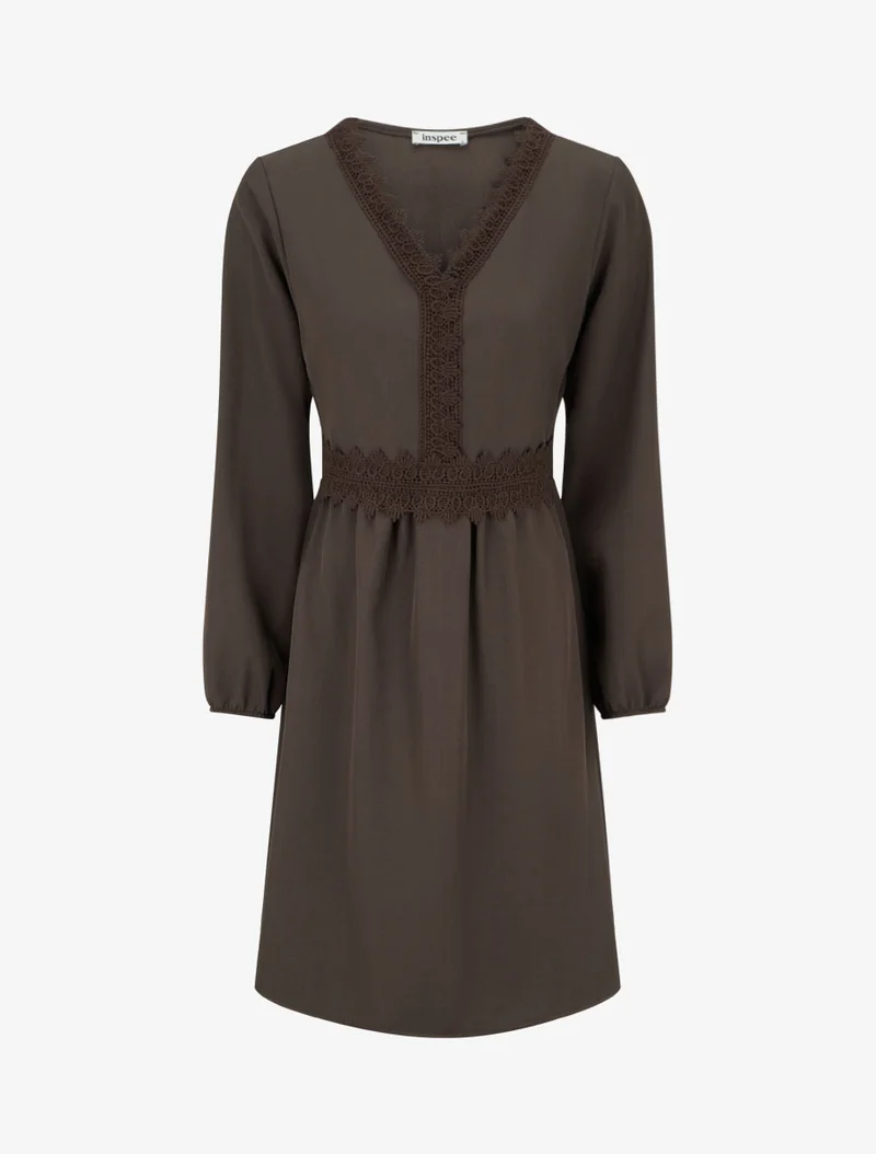 Ausgestelltes einfarbiges Kleid mit langen Ärmeln und Spitze - Braun