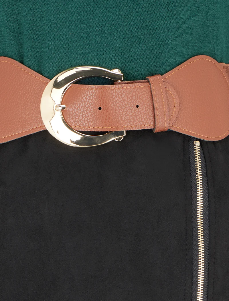 Gerades Kleid aus Strick und Wildleder mit langen Ärmeln und Reißverschluss - Dunkelgrün