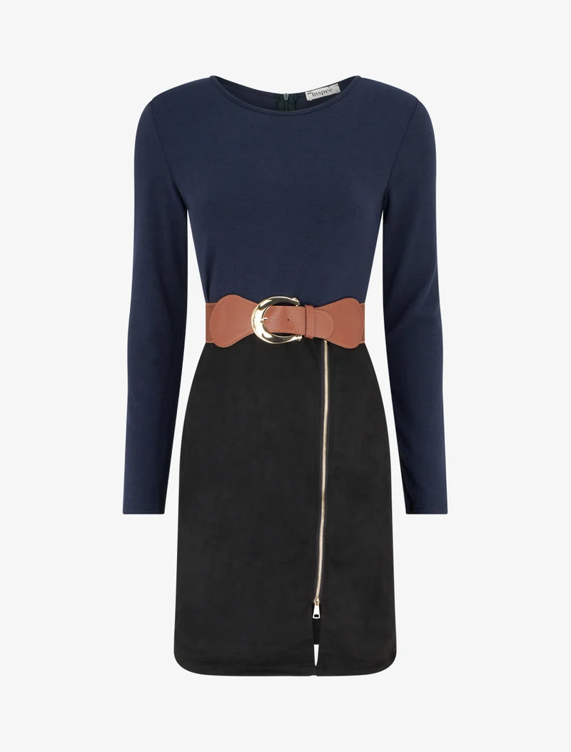 Gerades Kleid aus Strick und Wildleder mit langen Ärmeln und Reißverschluss - Marine/schwarz