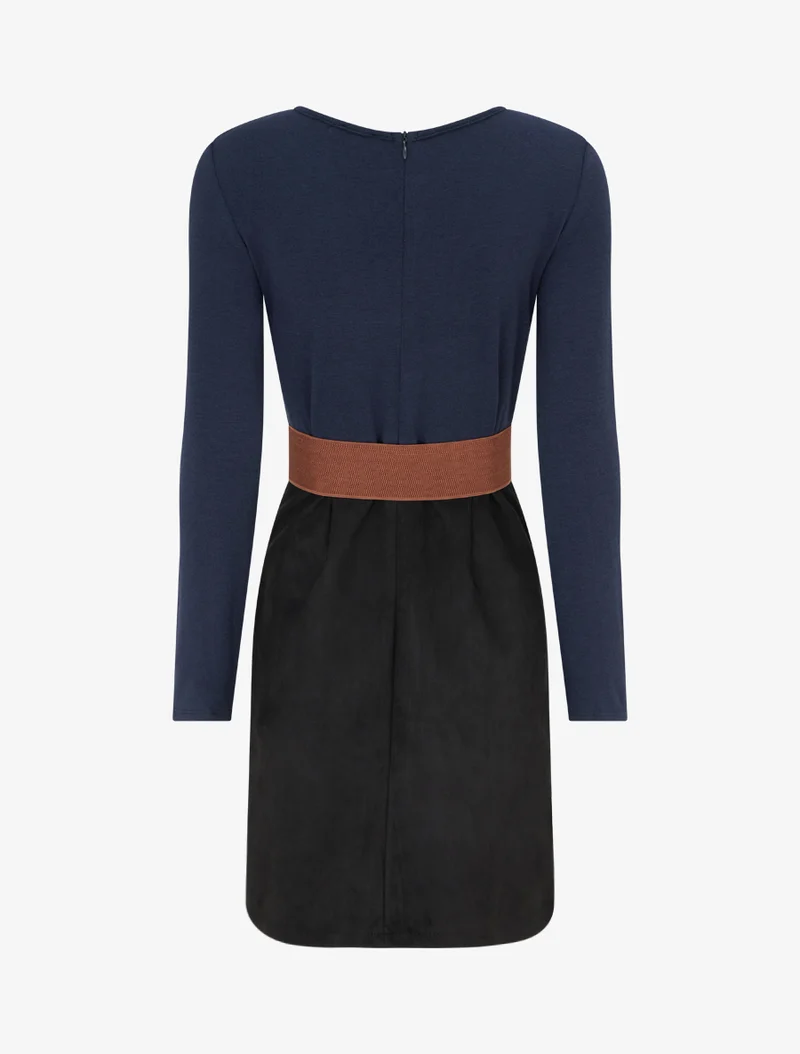 Gerades Kleid aus Strick und Wildleder mit langen Ärmeln und Reißverschluss - Marine/schwarz
