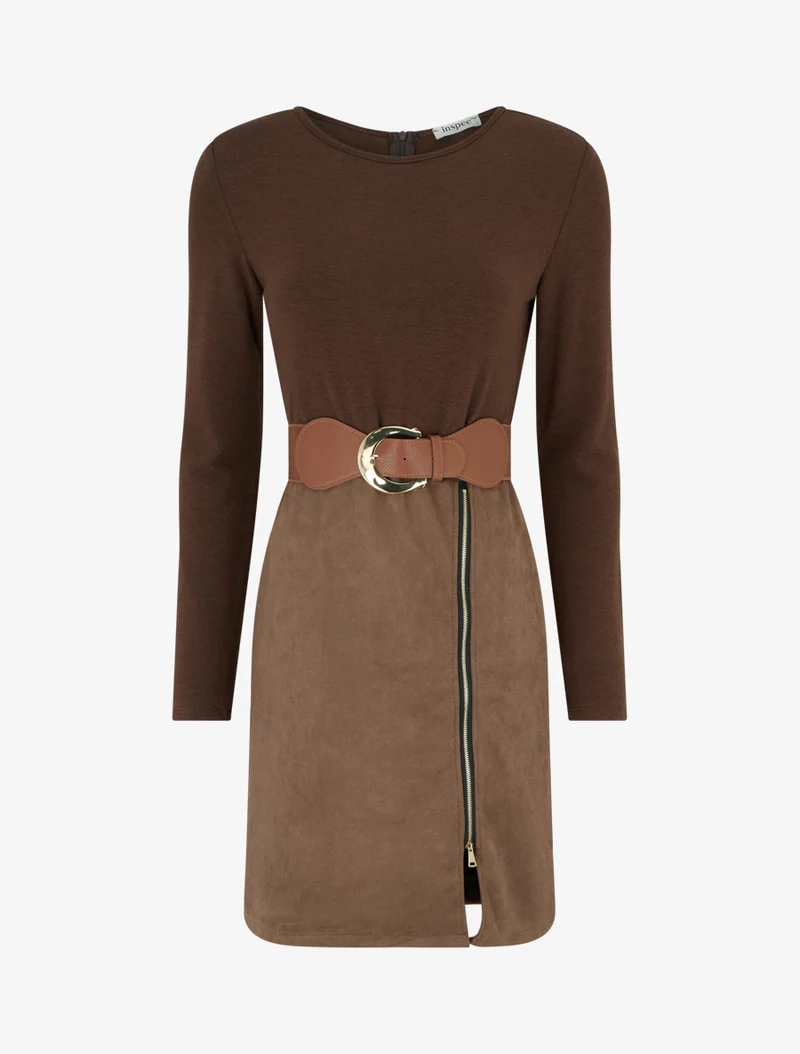 Gerades Kleid aus Strick und Wildleder mit langen Ärmeln und Reißverschluss - Braun