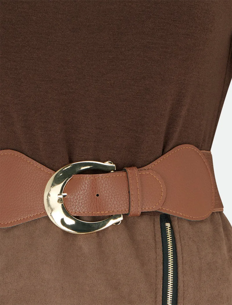 Gerades Kleid aus Strick und Wildleder mit langen Ärmeln und Reißverschluss - Braun
