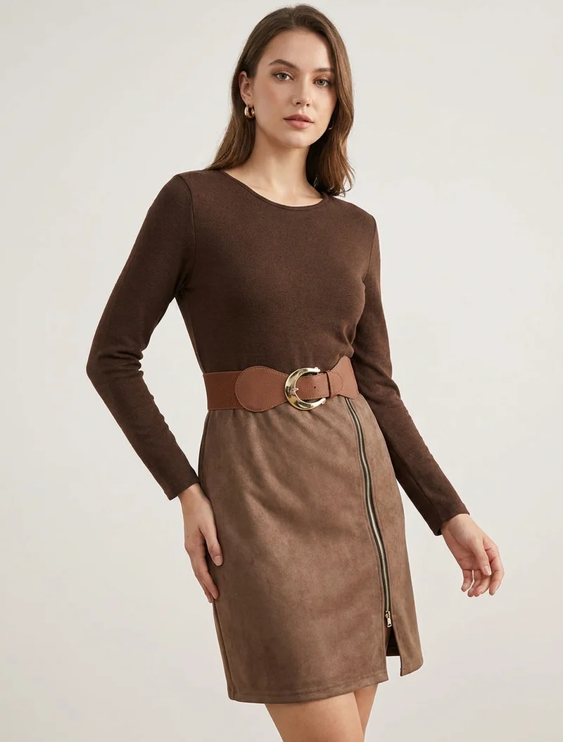 Gerades Kleid aus Strick und Wildleder mit langen Ärmeln und Reißverschluss - Braun