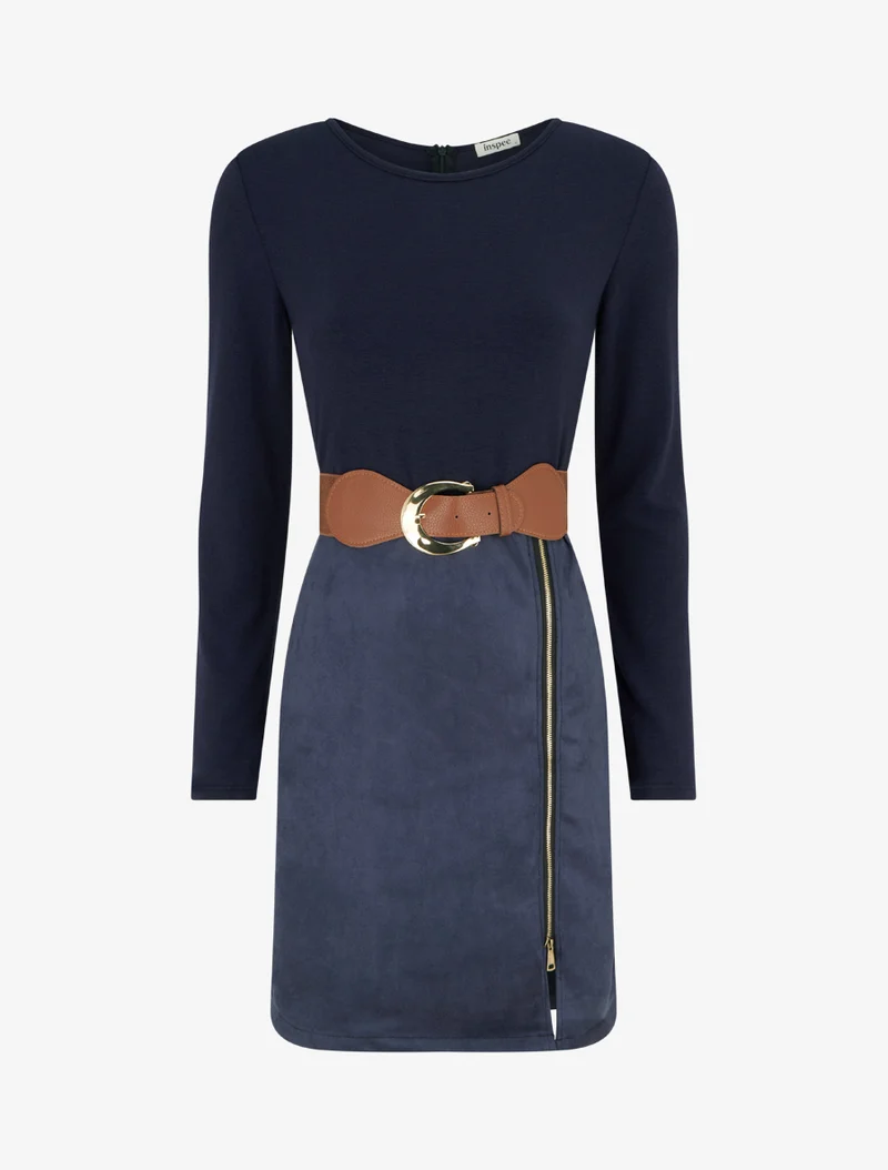Gerades Kleid aus Strick und Wildleder mit langen Ärmeln und Reißverschluss - Marine