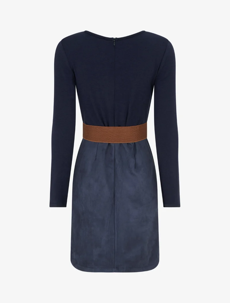Gerades Kleid aus Strick und Wildleder mit langen Ärmeln und Reißverschluss - Marine