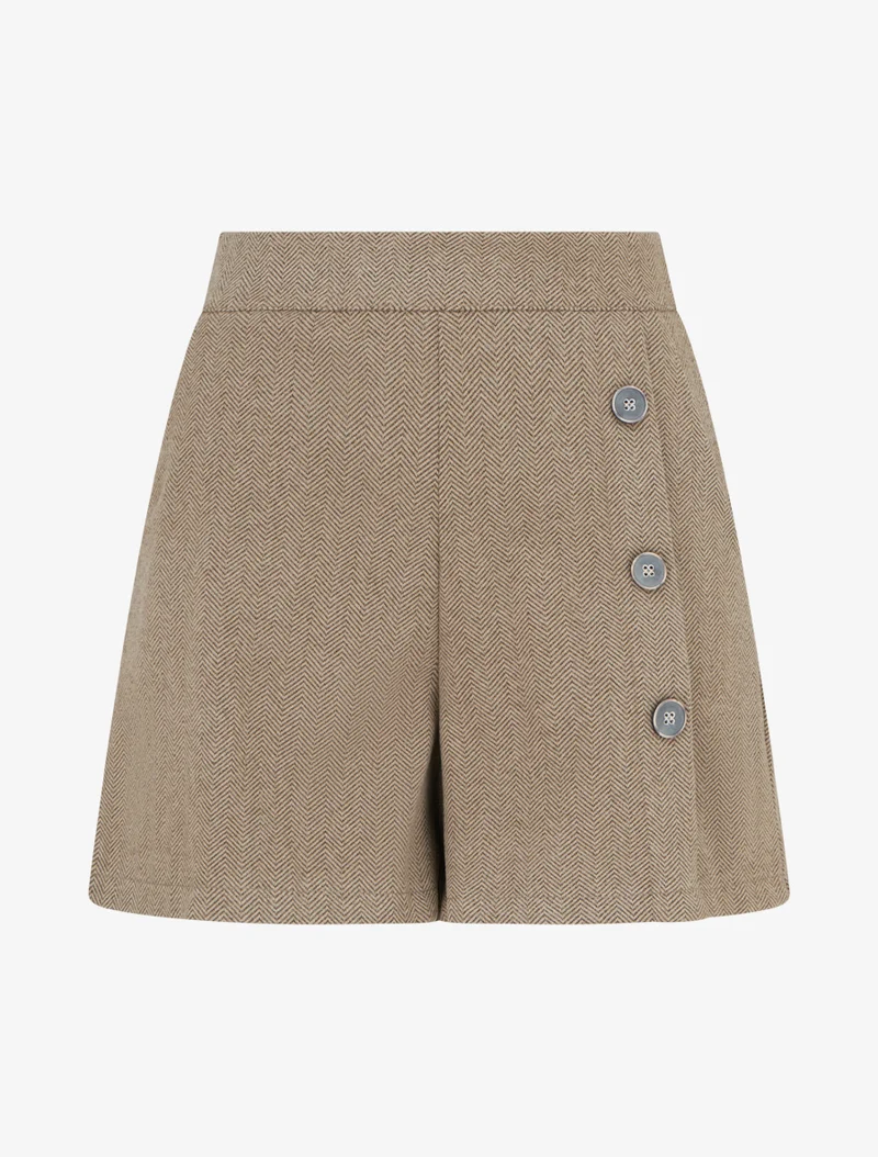 Filzshorts mit hoher Taille und dekorativen Knöpfen - Beige