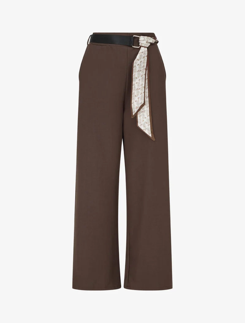 Weite Hose mit hoher Taille und Schalgürtel. - Braun