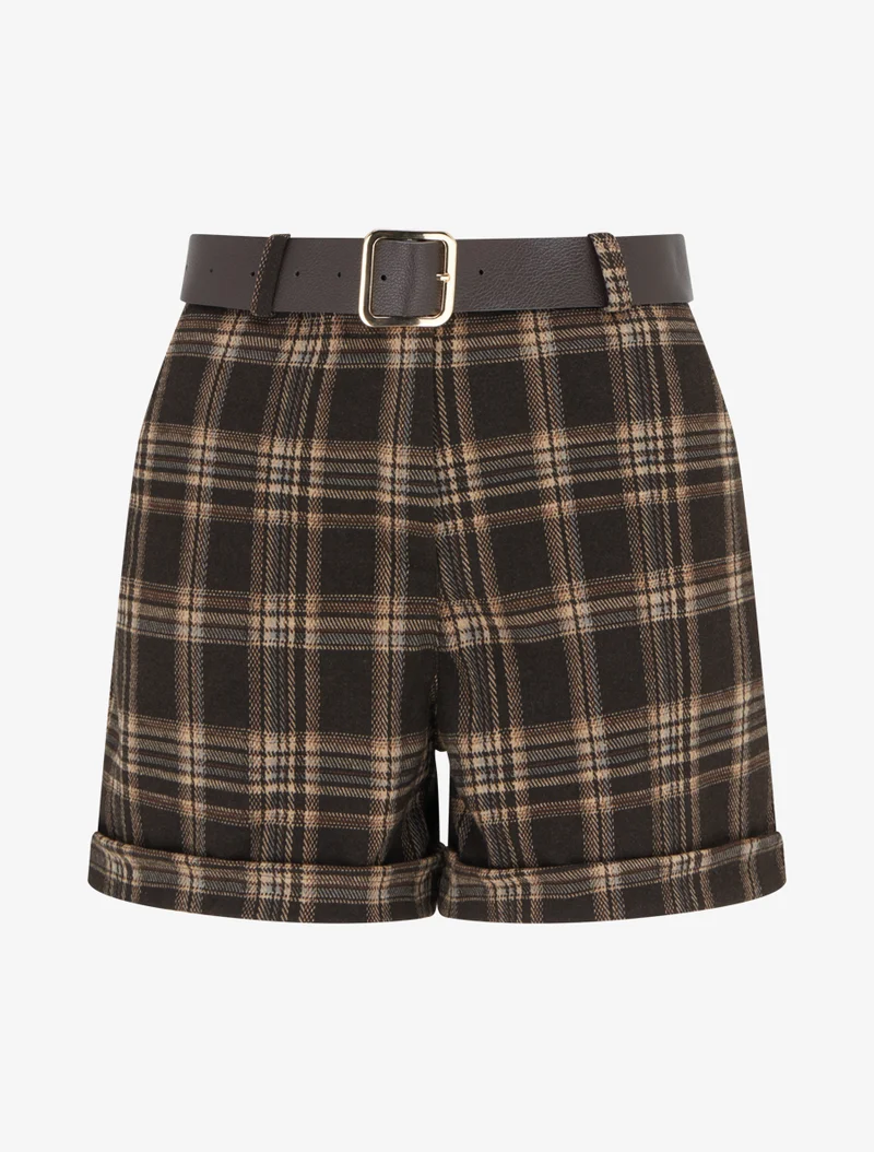 Karierte Shorts mit Gürtel. - Braun