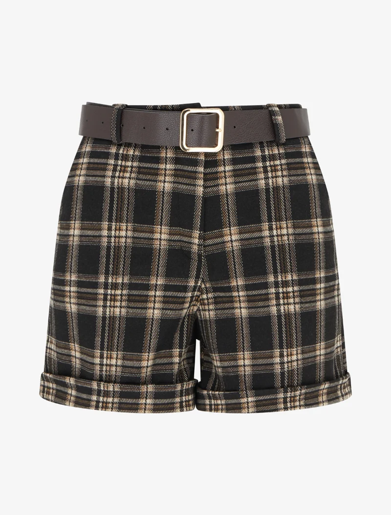 Karierte, taillierte Shorts - Schwarz