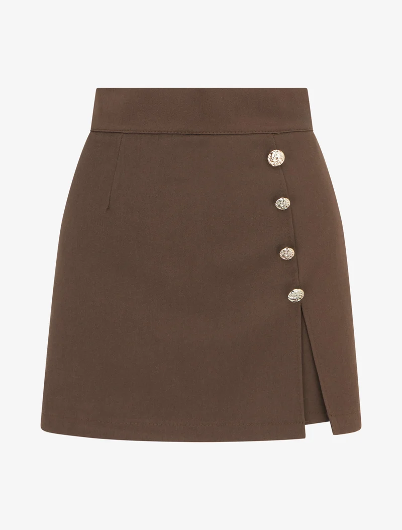 Rock-Short mit Schlitz und dekorativen Knöpfen - Braun