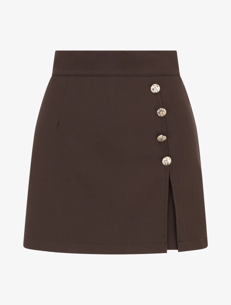 Rock-Short mit Schlitz und dekorativen Knöpfen - Schokolade