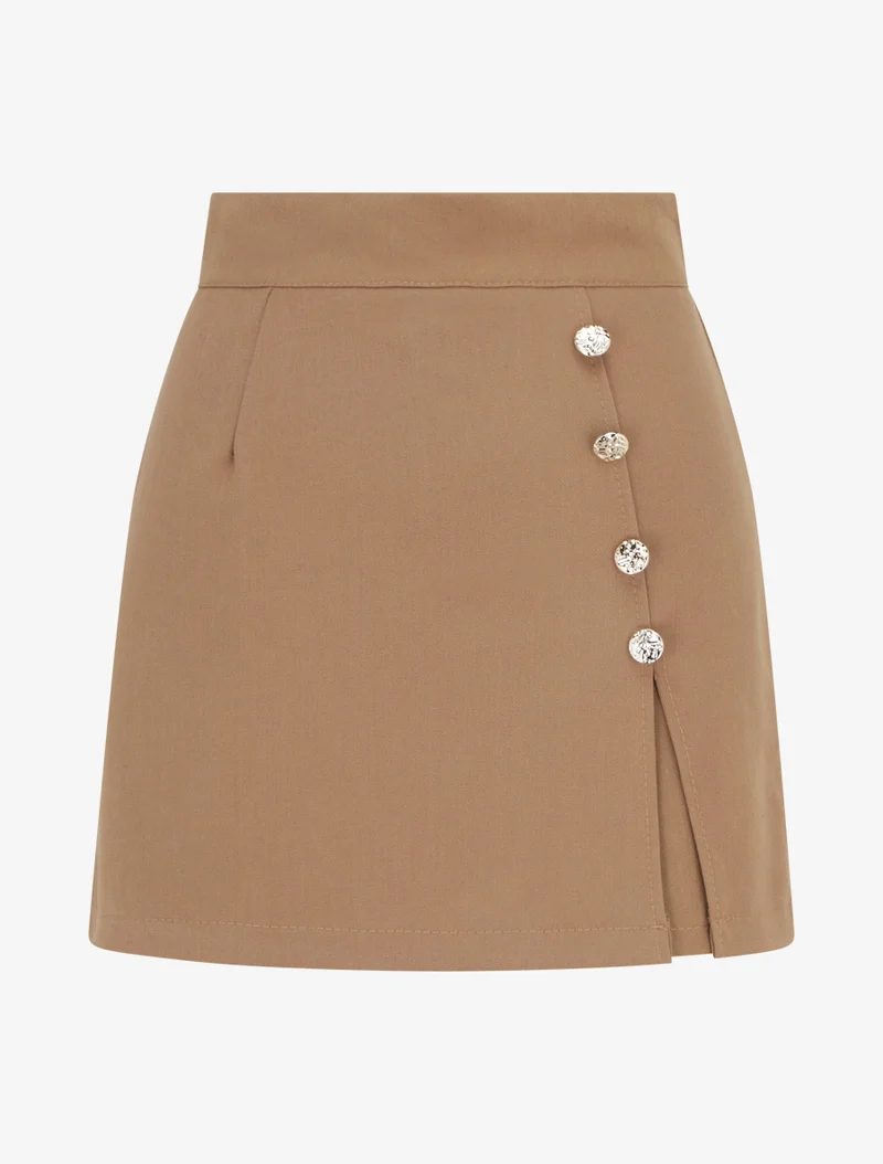 Rock-Short mit Schlitz und dekorativen Knöpfen - Kamel