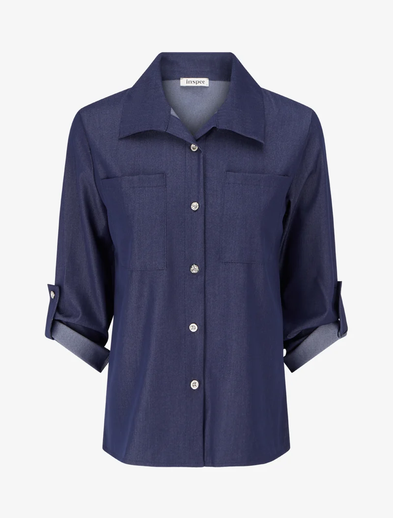 Basic gerade geschnittenes Hemd mit aufgesetzten Taschen - Denimblau