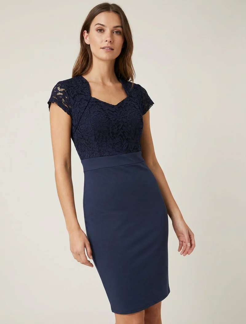 Spitzen-Bustier-Kleid mit kurzen Ärmeln - Marine