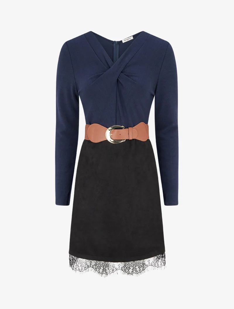 Gerades Strickkleid aus Wildleder mit Spitzenbesatz. - Marine/schwarz