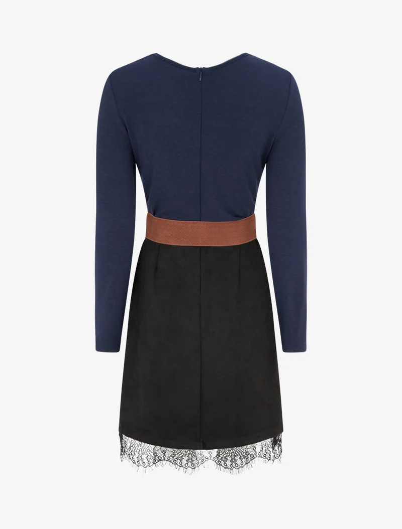 Gerades Strickkleid aus Wildleder mit Spitzenbesatz. - Marine/schwarz