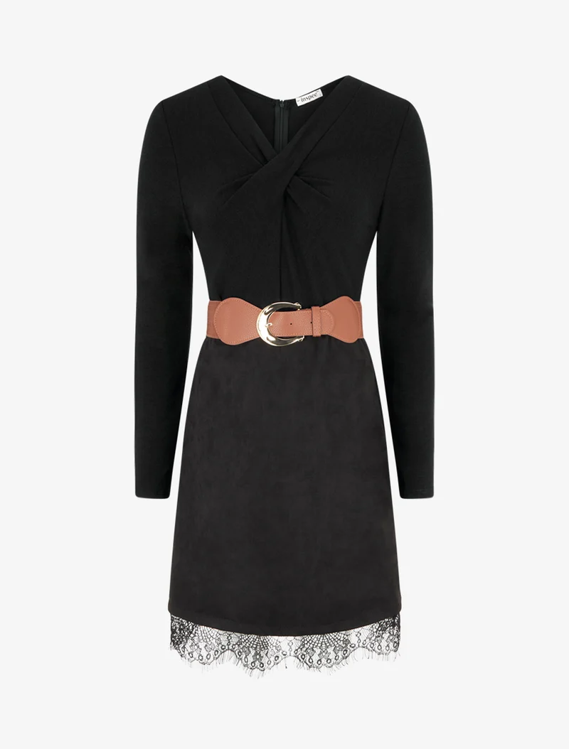 Gerades Strickkleid aus Wildleder mit Spitzenbesatz. - Schwarz