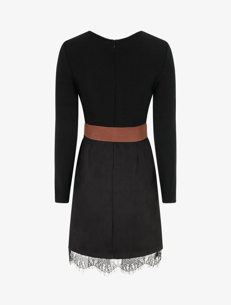 Gerades Strickkleid aus Wildleder mit Spitzenbesatz. - Schwarz